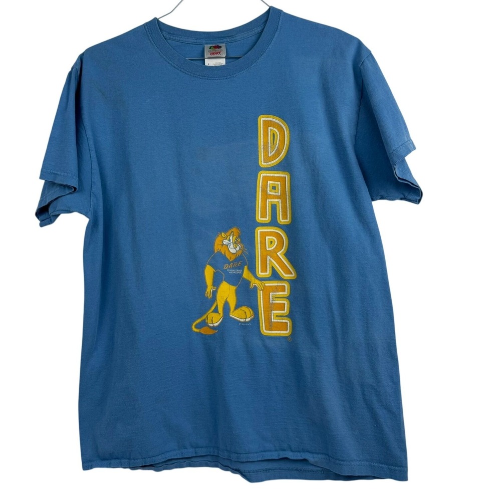 VTG DARE to Resist Drugs Lion Mascot Graphic T-Shirt Cotton Blue‎ Fade Size M/L